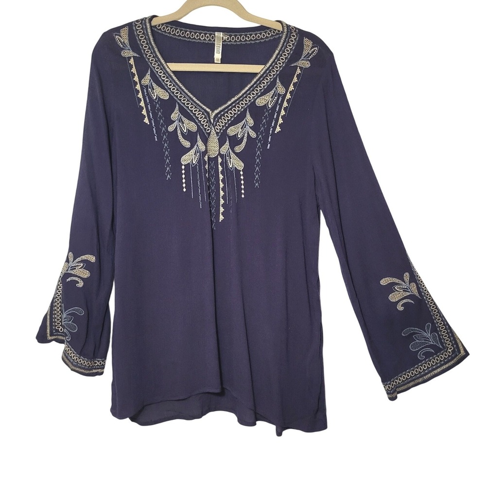 Monoreno Blue Embroidered V-Neck Boho Flare Sleeve Tunic Top Medium Boho Folk